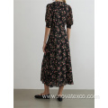 V-Neck Floral Polyester Bubble Sleeved Long Skirt